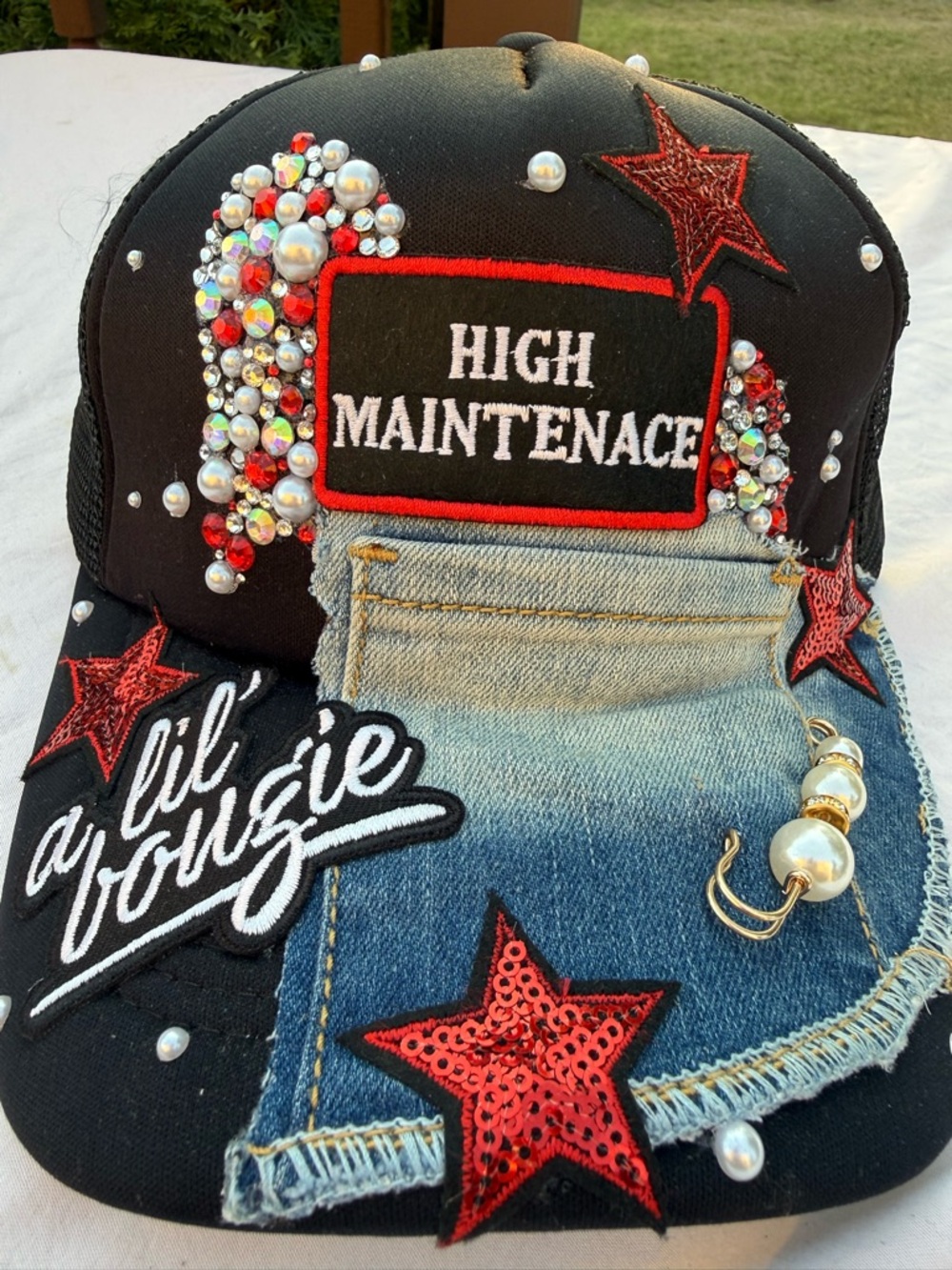 High Maintenance  custom Embellished Trucker Hat - Black & Denim